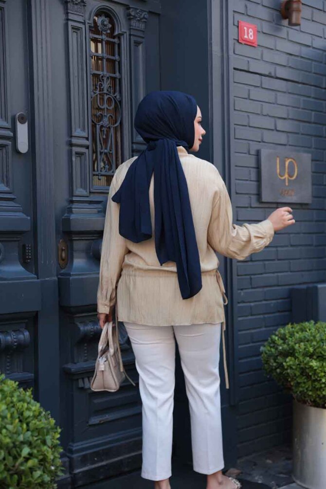 Düğmeli Yağ Yeşili Tesettür Gömlek 32358YY - 4