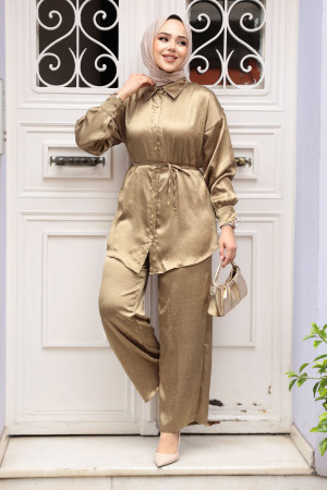 Düğmeli Yağ Yeşili Tesettür İkili Takım 4016YY 