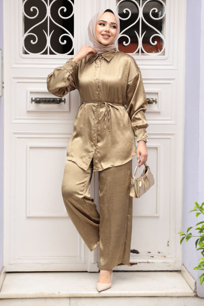 Düğmeli Yağ Yeşili Tesettür İkili Takım 4016YY - 1