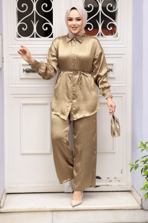 Düğmeli Yağ Yeşili Tesettür İkili Takım 4016YY - 2