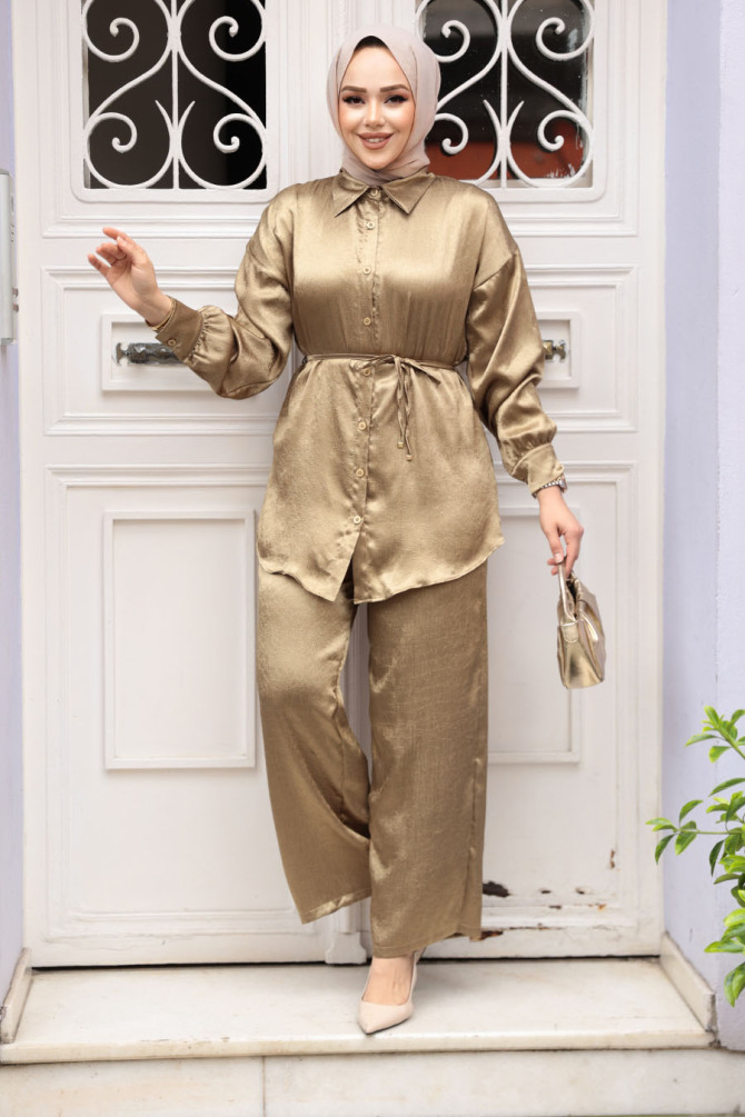 Düğmeli Yağ Yeşili Tesettür İkili Takım 4016YY - 2