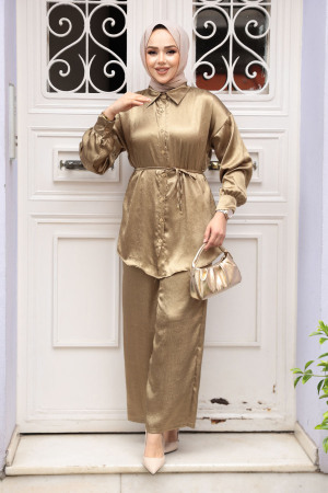 Düğmeli Yağ Yeşili Tesettür İkili Takım 4016YY - 3