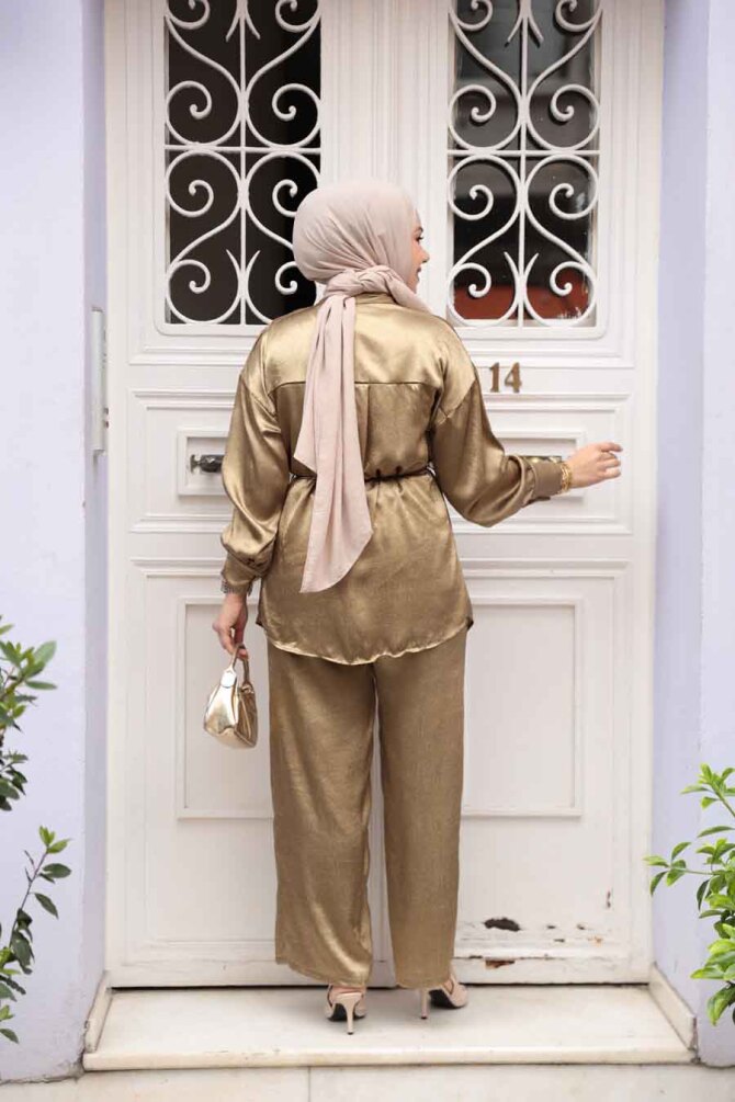 Düğmeli Yağ Yeşili Tesettür İkili Takım 4016YY - 4