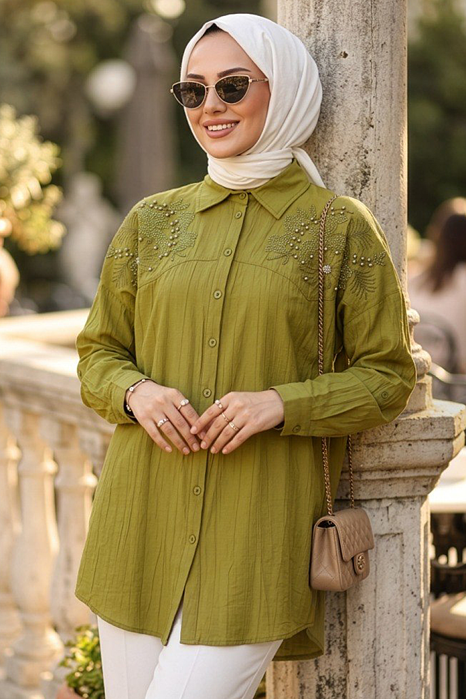 Düğmeli Yağ Yeşili Tesettür Tunik 10092YY - 1