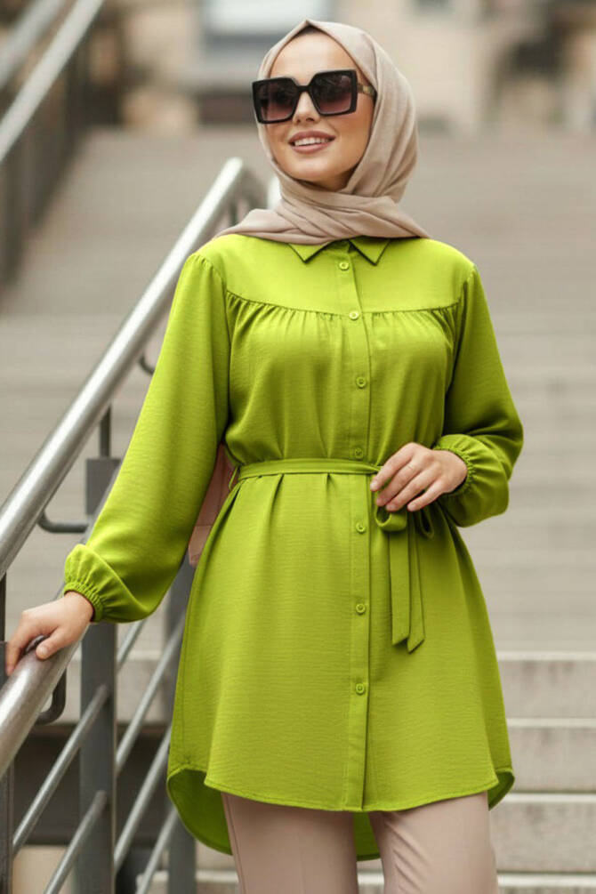 Düğmeli Yağ Yeşili Tesettür Tunik 10184YY - 1