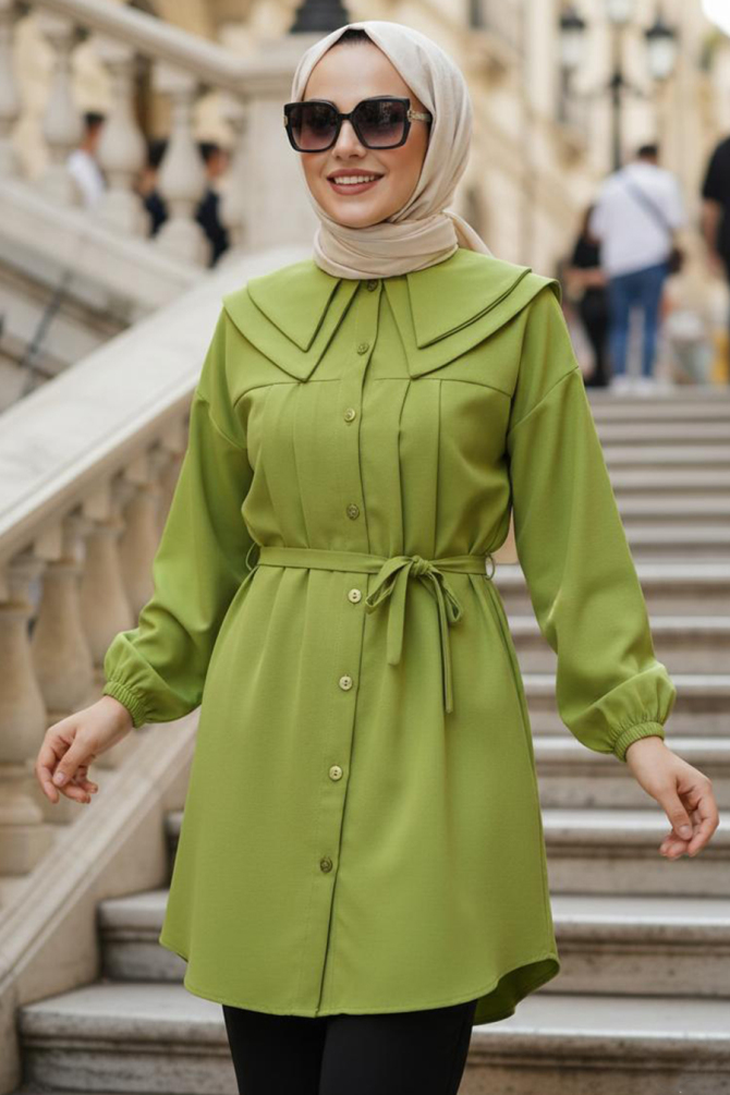 Düğmeli Yağ Yeşili Tesettür Tunik 20228YY - N.S NEVA STYLE