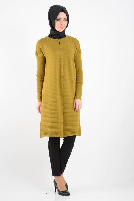 Düğmeli Yağ Yeşili Triko Tesettür Hırka 3561YY - 2