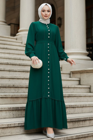 Düğmeli Yeşil Tesettür Elbise 10154Y 