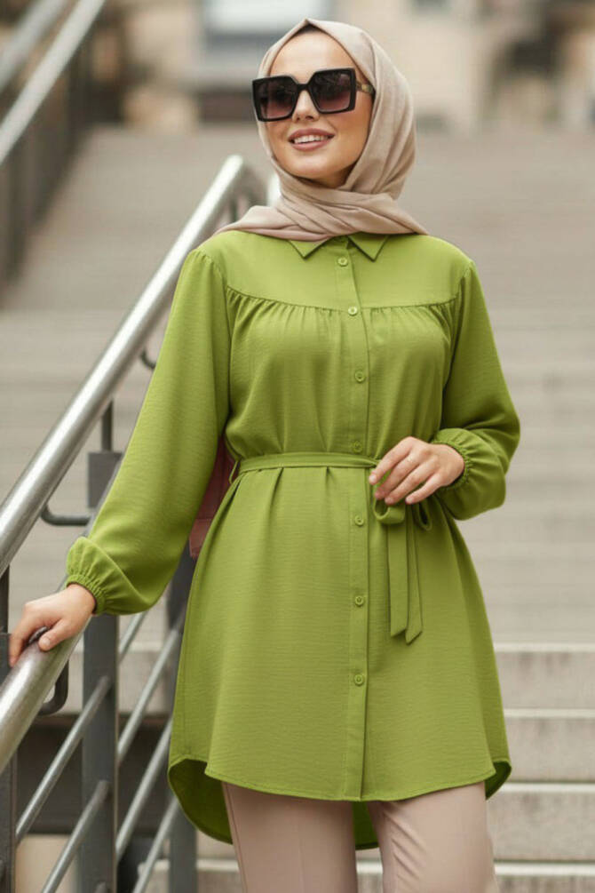 Düğmeli Yeşil Tesettür Tunik 10184Y - 1