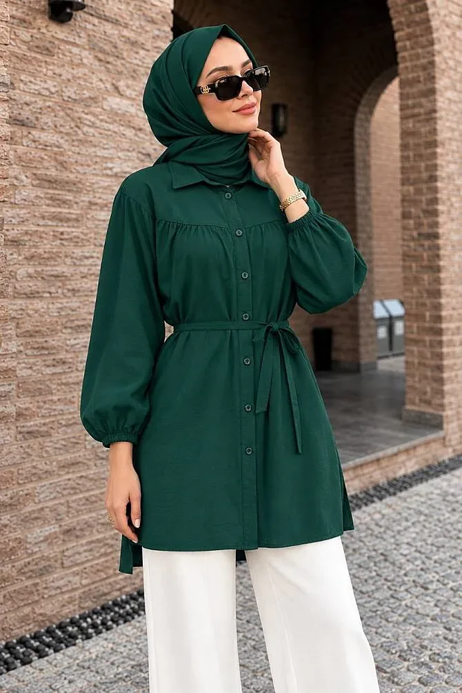 Roba Detaylı Yeşil Tesettür Tunik 10184Y - 1