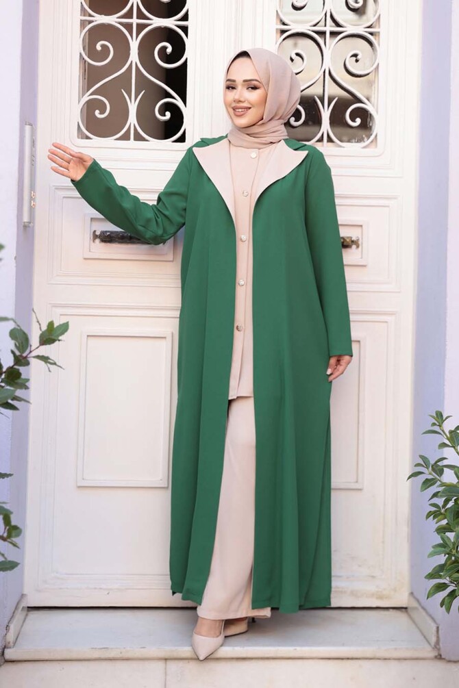 Düğmeli Yeşil Tesettür Üçlü Takım 76221Y - 3
