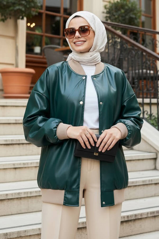 Düğmeli Zümrüt Yeşili Tesettür Deri Ceket 9264ZY - 1