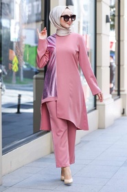 Dusty Rose Hijab Dual Suit Dress 5533GK - Thumbnail