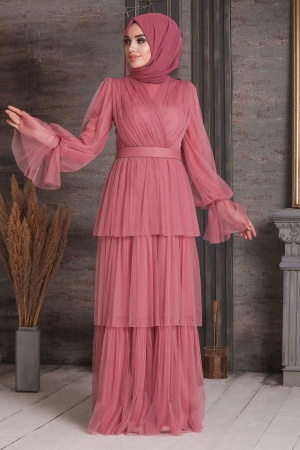 Dusty Rose Hijab Evening Dress 21320GK - 1