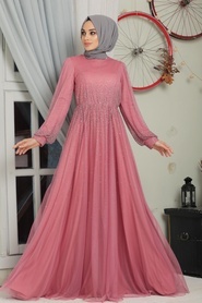 Dusty Rose Hijab Evening Dress 21501GK - Thumbnail