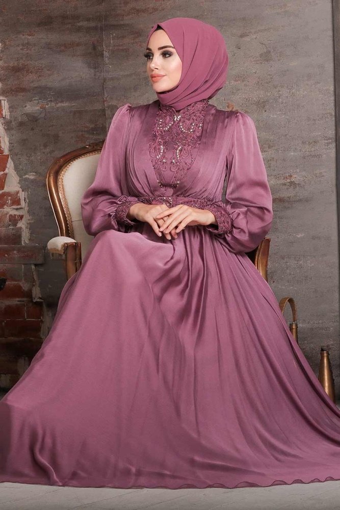 Neva Style - Luxorious Dusty Rose Hijab Evening Dress 21540GK - 2