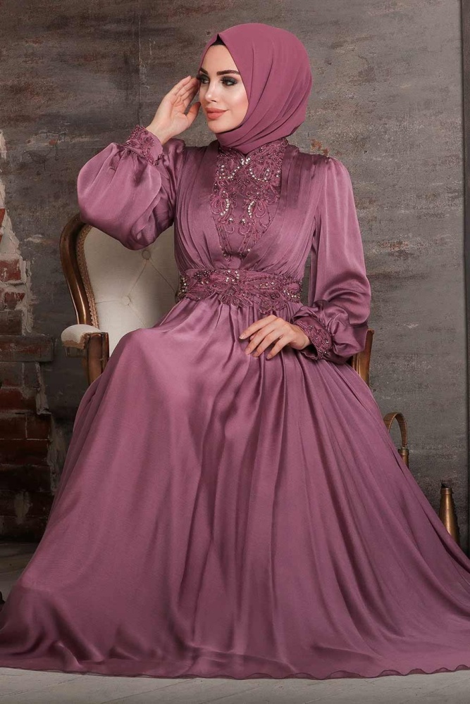 Neva Style - Luxorious Dusty Rose Hijab Evening Dress 21540GK - 4