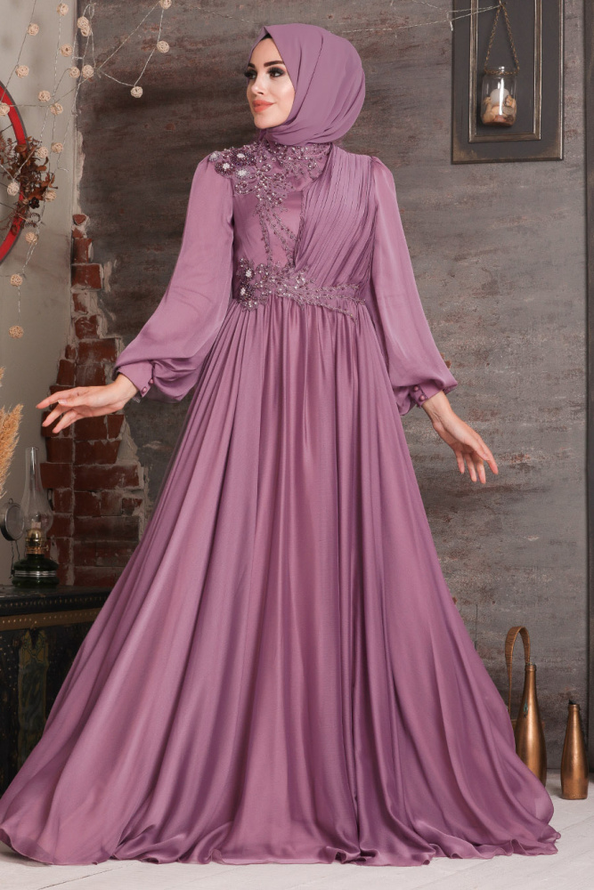 Dusty Rose Hijab Evening Dress 21650GK - 1