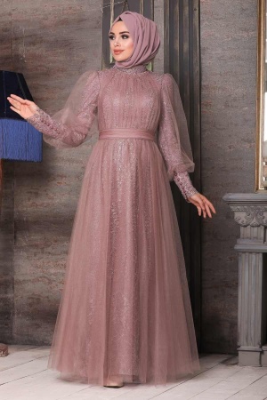 Dusty Rose Hijab Evening Dress 21691GK - 1