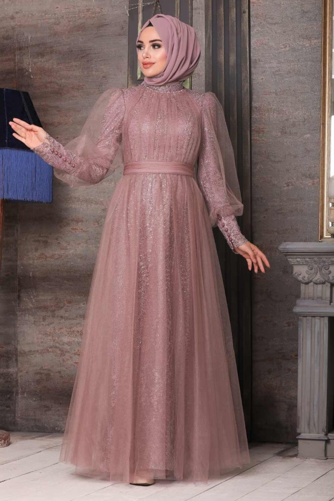 Dusty Rose Hijab Evening Dress 21691GK - 1