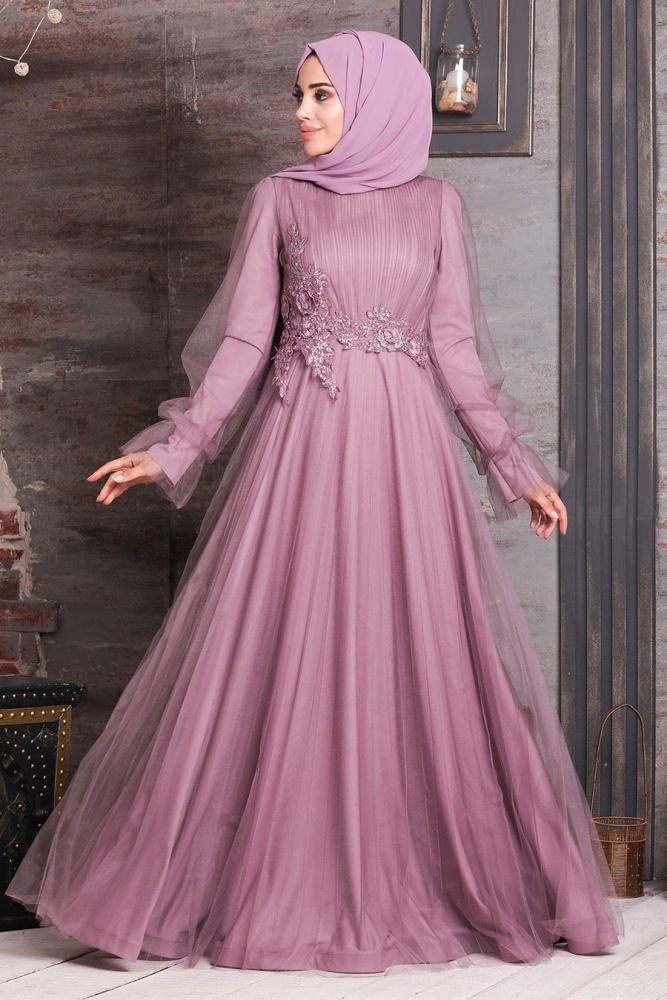 Dusty Rose Hijab Evening Dress 21710GK - 1