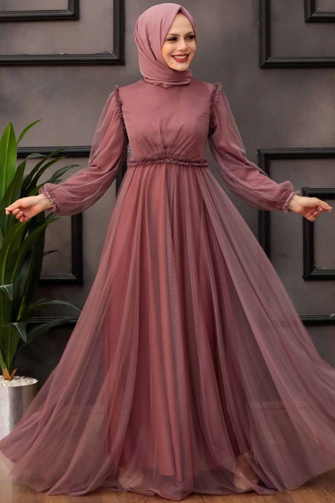 Dusty Rose Hijab Evening Dress 29210GK - 4