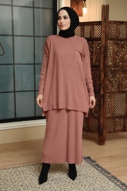 Dusty Rose Hijab Knitwear Suit Dress 34021GK - Thumbnail