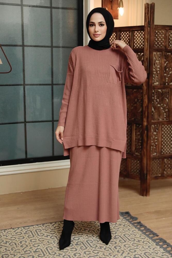 Dusty Rose Hijab Knitwear Suit Dress 34021GK - 3