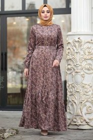 Dusty Rose Hijab Velvet Dress 14980GK - Thumbnail
