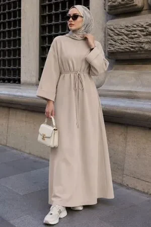 Düz Kesim Oyşo Bej Tesettür Elbise 3138BEJ - 1