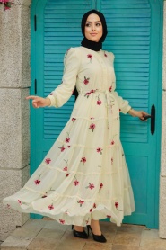 Ecru Hijab Dress 35720E - Thumbnail