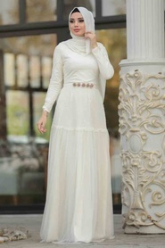 Neva Style - Stylish Ecru Modest Prom Dress 3980E - Thumbnail
