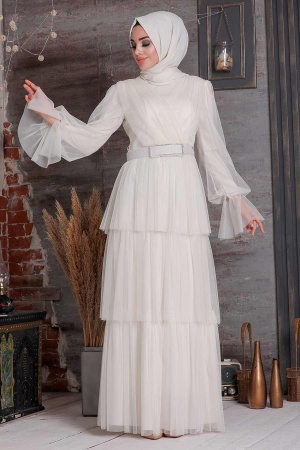 Ecru Hijab Evening Dress 21320E - 1