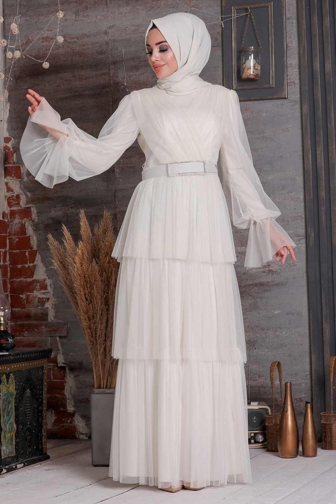 Ecru Hijab Evening Dress 21320E - 1