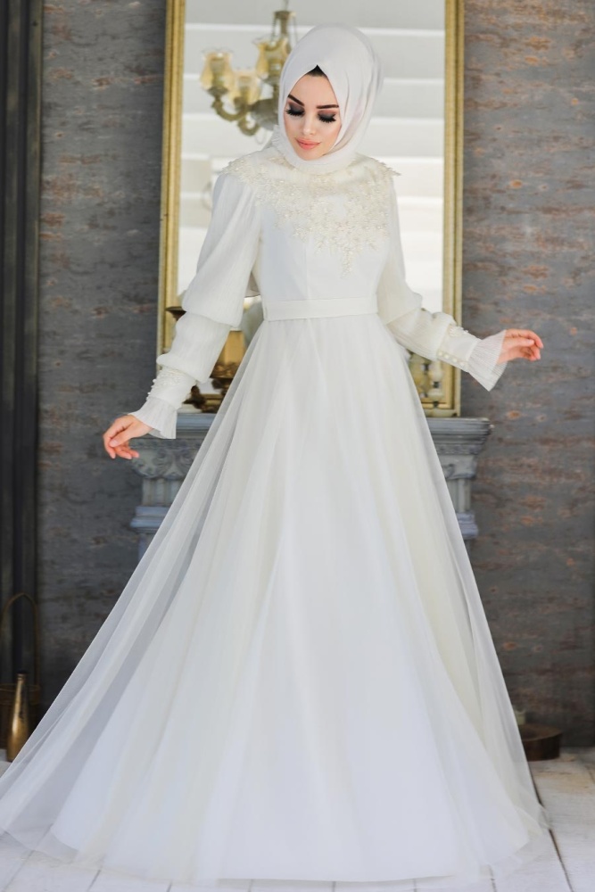 Neva Style - Modern Ecru Islamic Clothing Prom Dress 21780E - 1