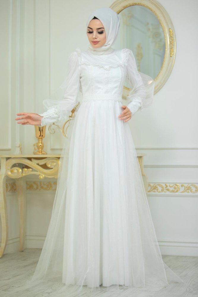 Ecru Hijab Evening Dress 21790E - 3