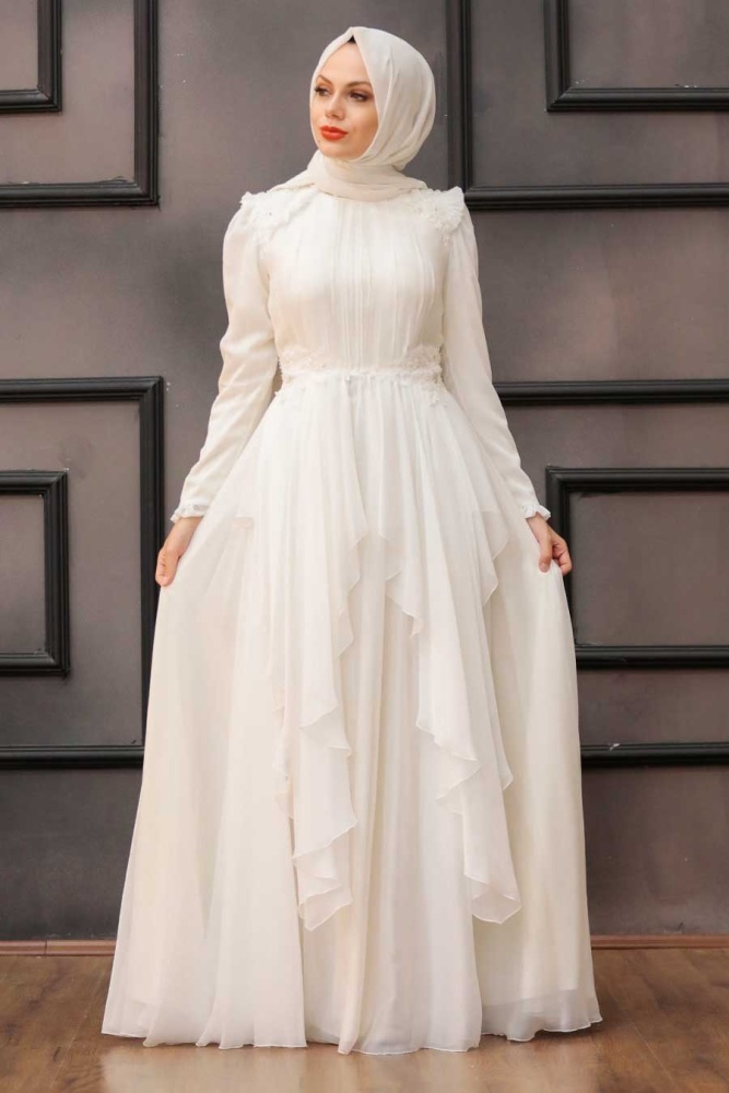 Neva Style - Luxury Ecru Muslim Long Sleeve Dress 21850E - 1