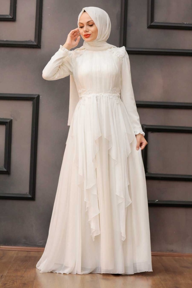 Neva Style - Luxury Ecru Muslim Long Sleeve Dress 21850E - 3