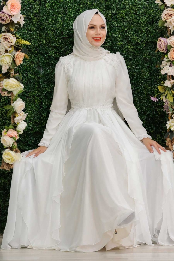 Neva Style - Luxury Ecru Muslim Long Sleeve Dress 21850E - 2