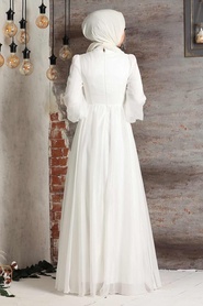 Neva Style - Stylish Ecru Islamic Clothing Evening Dress 21890E - Thumbnail