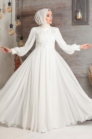 Neva Style - Plus Size Ecru Islamic Clothing Evening Dress 21940E - Thumbnail