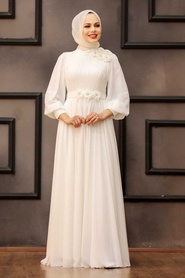 Ecru Hijab Evening Dress 21951E - Thumbnail