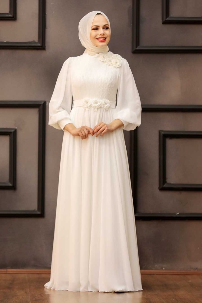 Ecru Hijab Evening Dress 21951E - 1