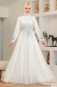 Neva Style - Stylish Ecru Islamic Long Sleeve Dress 22021E - Thumbnail