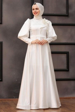 Neva Style - Satin Ecru Muslim Engagement Dress 22080E - 1