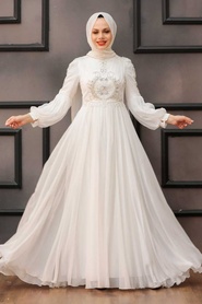 Neva Style - Elegant Ecru Muslim Fashion Evening Dress 2212E - Thumbnail