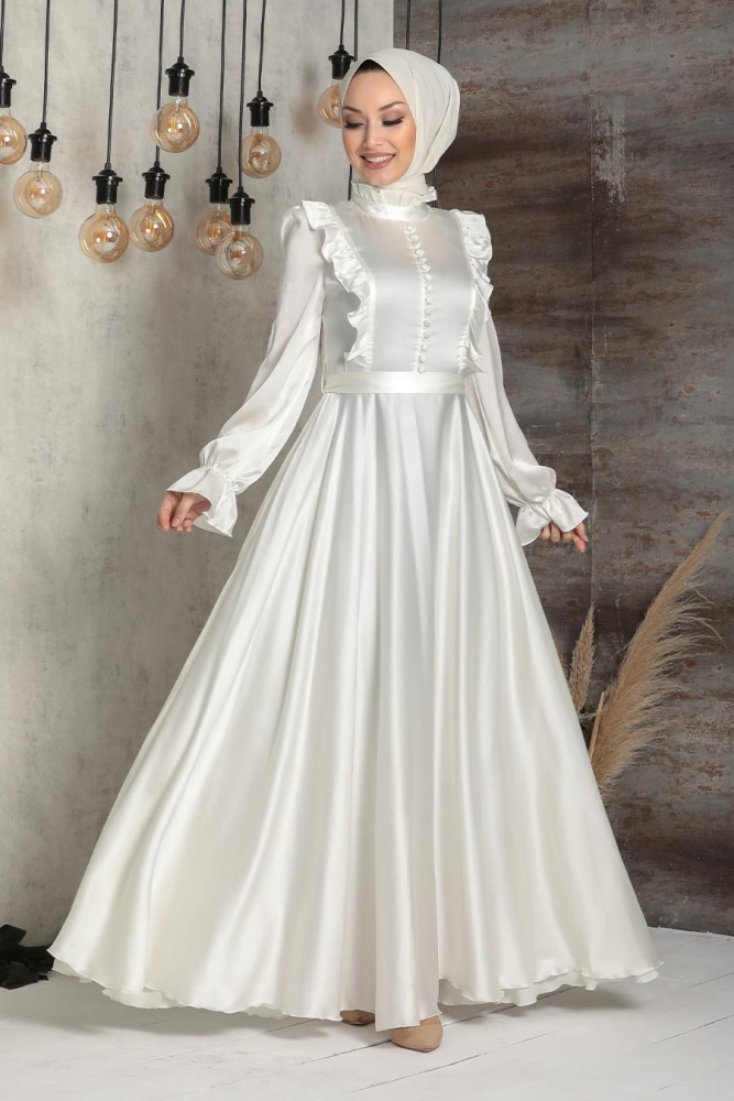 Ecru Hijab Evening Dress 2752E - 1