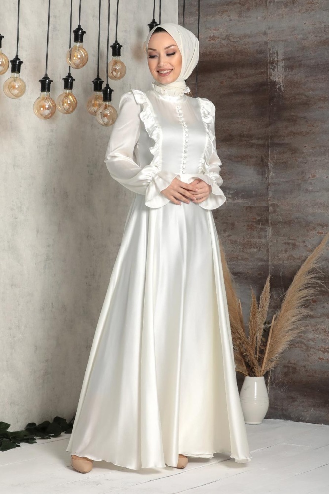 Ecru Hijab Evening Dress 2752E - 2