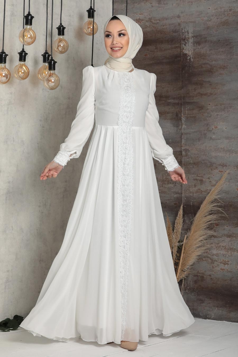 Neva Style - Luxorious Ecru Islamic Clothing Engagement Dress 2760E