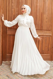 Neva Style - Satin Ecru Islamic Clothing Engagement Dress 3031E - Thumbnail